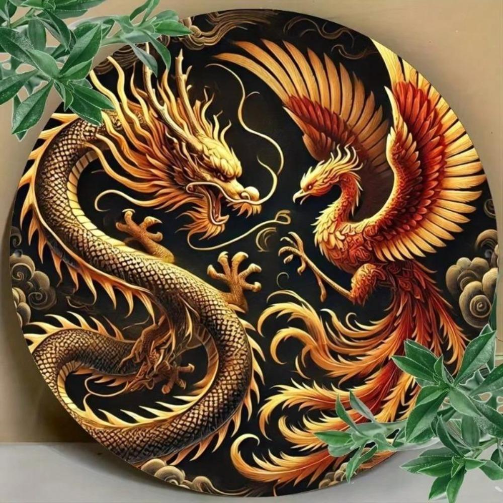 Decorazione Murale Rotonda in Metallo Drago Fenice Pittura su Ferro Cartello in Latta Vintage