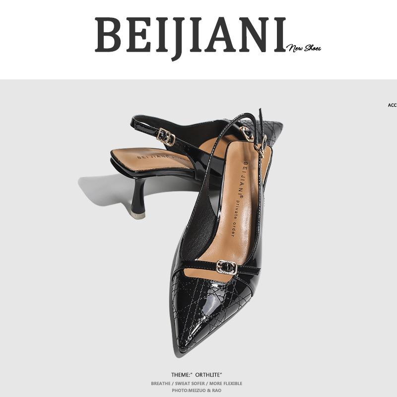 Patent Leather Professional Single Shoes Bag Head Sandals Women's Pointed Head Stiletto High Heels Back Strap Comfortable Soft Sole Leather