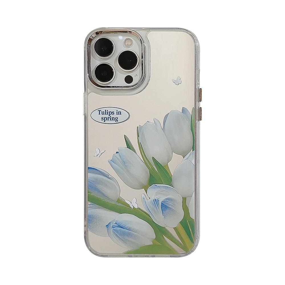 Temperament Gentle Blue Tulip IPhone16 Suitable for 14promax Apple 15 Mobile Phone Case Flower Makeup Mirror 11 Hard