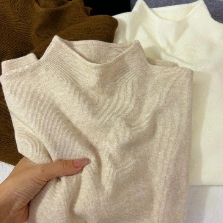 Women's Half Turtleneck Knitted Base Shirt Soft Skin-Friendly Pullover Sweater Autumn Winter Solid Color Stretch Knit Top