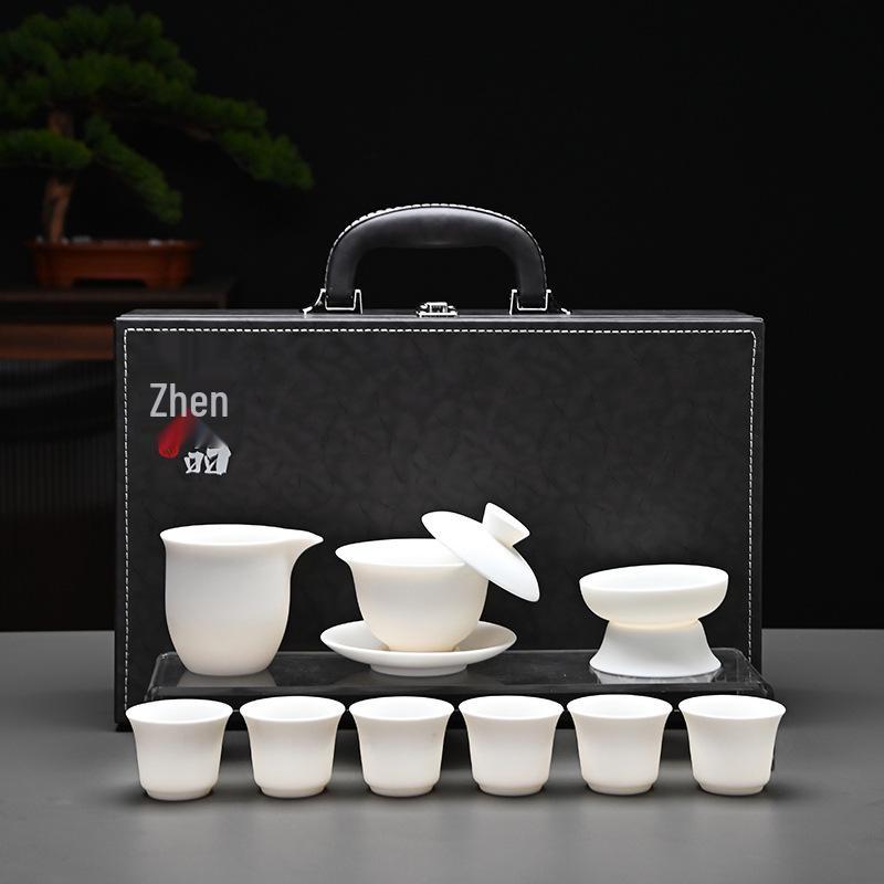 Kung Fu Mutton Fat Jade Gaiwan Teapot Set - Gold-Painted Luxury Tea Set