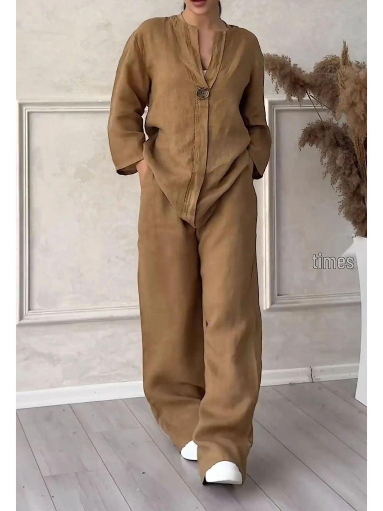 Damsort Plus Size Bomull Linne 2-delat Set med Skjorta & Vida Byxor