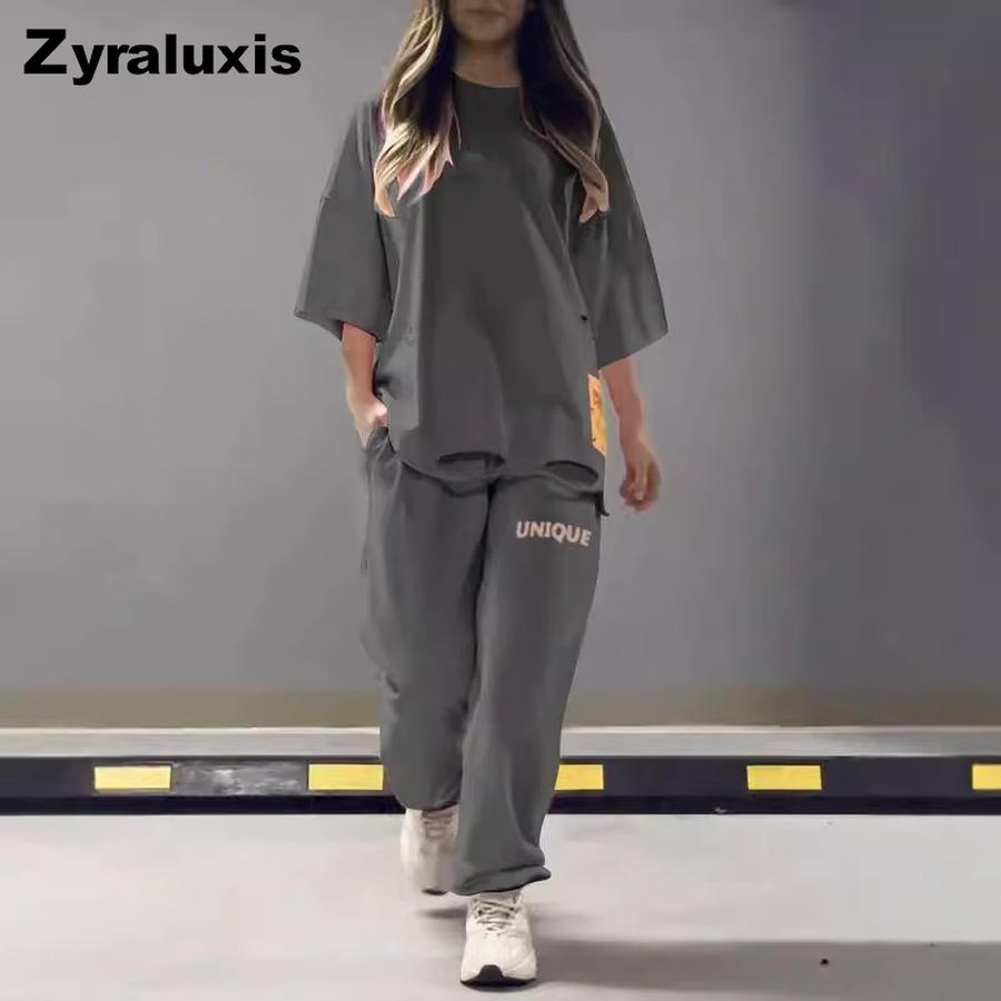 Summer Women's Loose Hollow Crew Neck T-Shirt Top Pants Set Two Piece Outfit