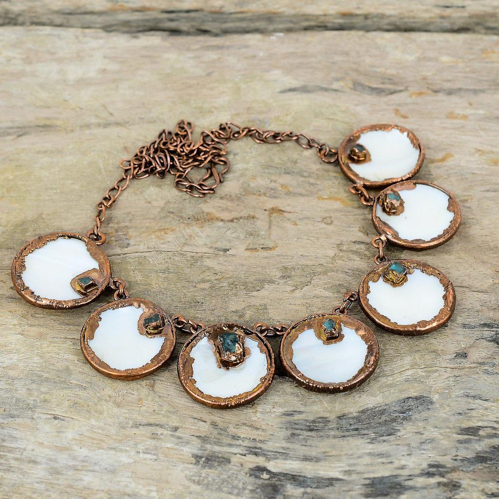 Mother Of Pearl Necklace Electroformed Copper Necklace Handmade Natural Gemstone Jewelry Adjustable Chain Necklace Aquamarine Rough Necklace