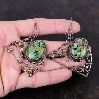 Koperen Robijn Zoisiet Oorbel Koperdraad Gewikkelde Oorbellen Designer Oorbel Handgemaakte Sieraden Echte Edelsteen Oorbel Koperen Sieraden Voor Cadeau