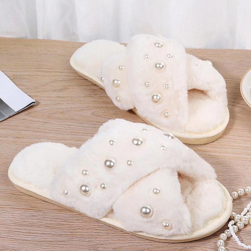 Fashion Pearls Detor Plush Slippers for Women Fashion Cross Strap House Furry Slippers Woman Slip On Faux Fur Cotton Slides Mujer