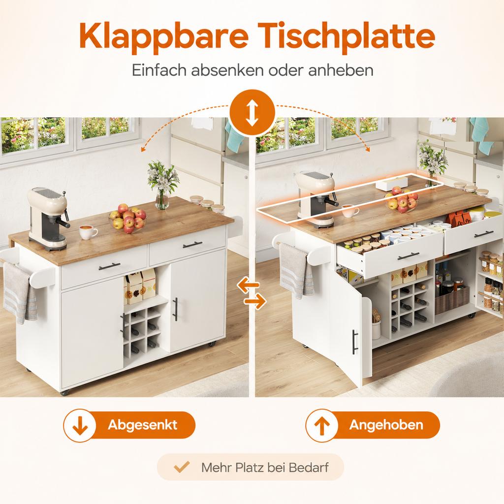 Kücheninsel mit klappbarer Arbeitsplatte, Rollwagen, 2 Schubladen, Wein- und Gewürzregal, Handtuchhalter, Platzsparendes Design für Küche & Esszimmer