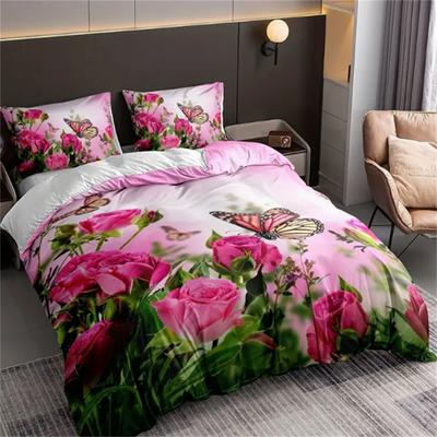 3-teiliges luxuriöses rosa Rosen-Schmetterling Digitaldruck Bettbezug-Set - Ultraweich, bequem und mit lebhaftem Design für das Schlafzimmer