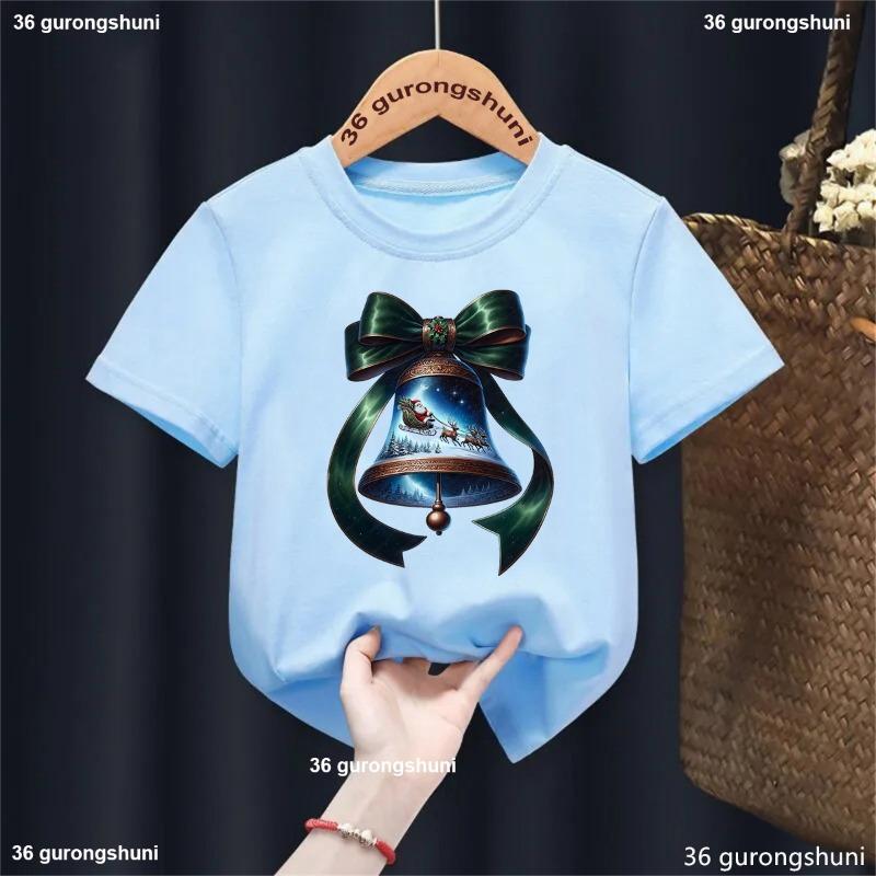 Xmas Gift Kids Clothes Christmas Bell Santa Claus Rides Reindeer Printed T Shirt For Girls/Boys Funny Solid T-Shirt Tops