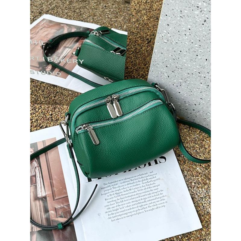 

First layer cowhide small square bag versatile shoulder bag double layer simple women s bag lychee pattern messenger bag 19*7*15cm зелёный