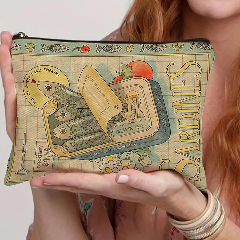 

Вінтажна полотняна косметичка Проста містка сумка для макіяжу Жіноча дорожня клатч-сумка Сумка для туалетного приладдя Ретро дизайн із сардинами та оливковою олією