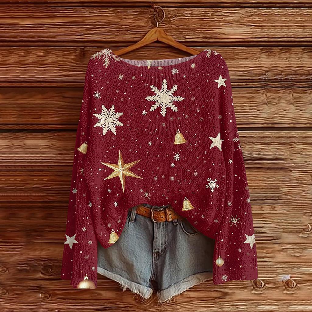 Ladies' Fashionable Casual Long Sleeved Christmas Printed Round Neck Knitted Yarn