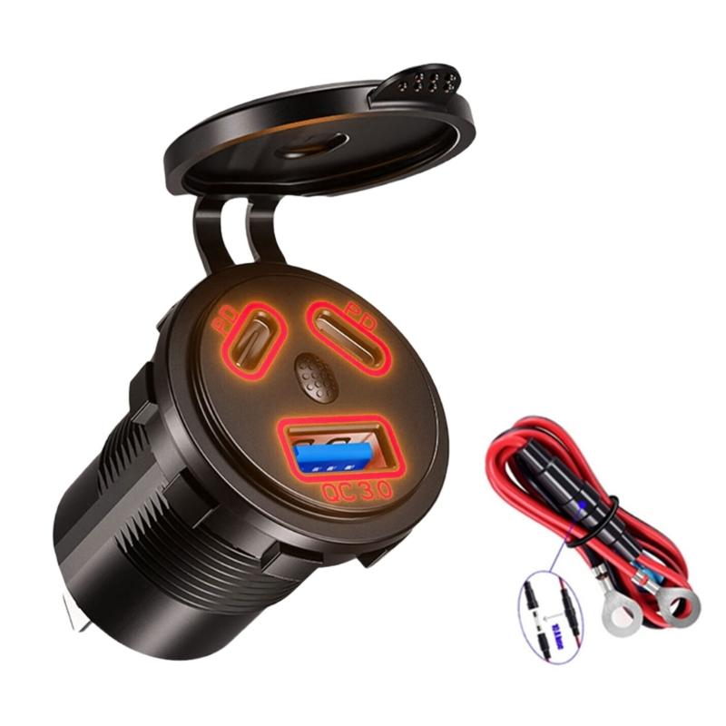 Waterproof 3-Port USB & Type C Power Outlet 45W Type C Fast Charging Socket for 12V/24V Vehicles, Boats, Motorcycles