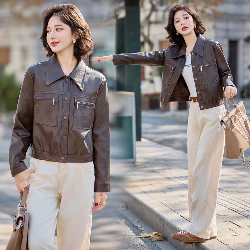 

Женская короткая мотоциклетная куртка из искусственной кожи - 2025 Весна/Осень Сладкий крутой стиль M (45-55 kg) кофейный