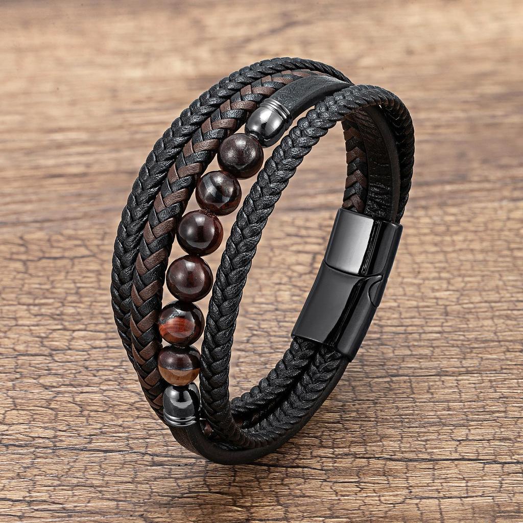 2026 European and American Buckle Fashion Jewelry Multi-layer Leather Rope Hand-woven Bracelet Stone Bracelet