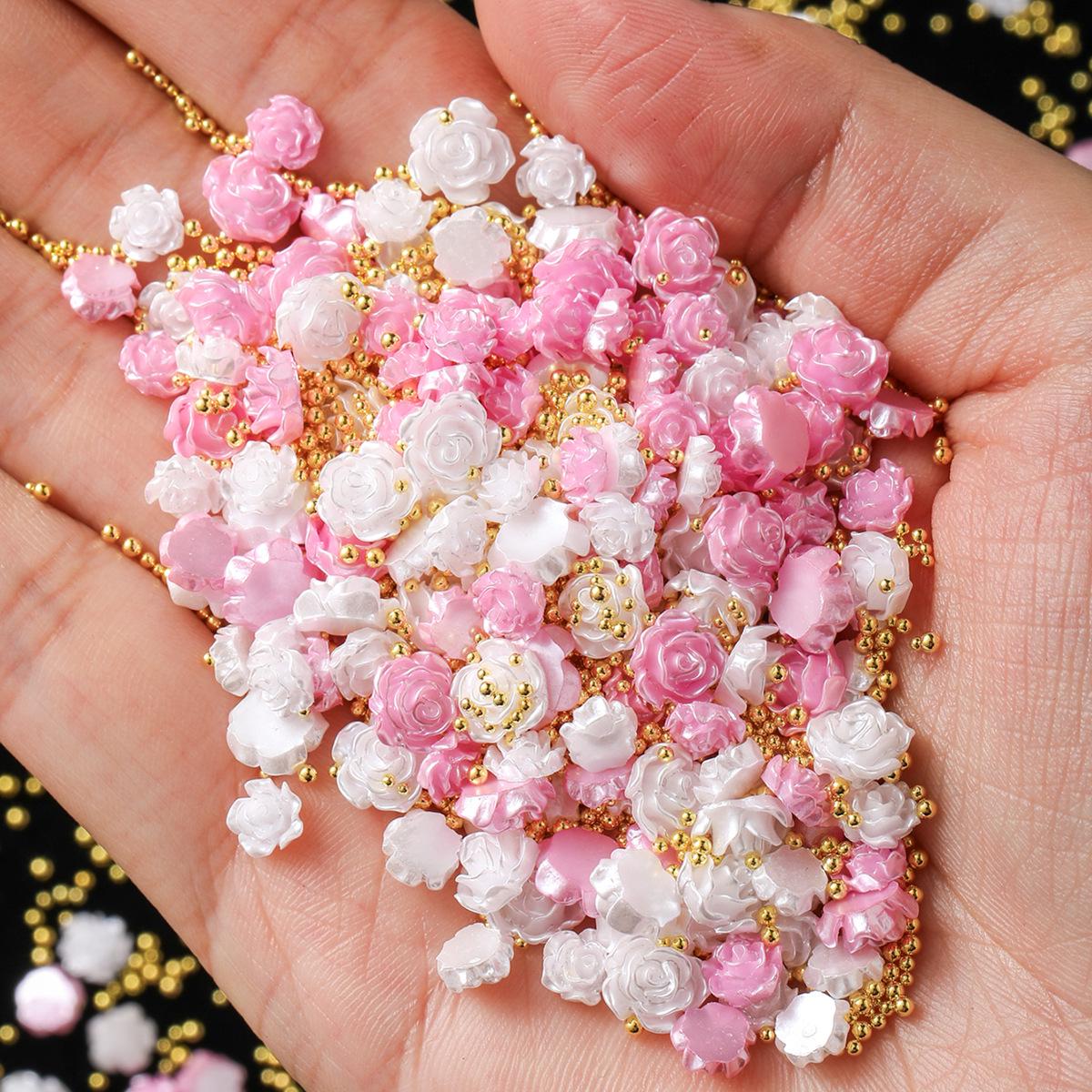 Pearlescent Camellia Nail Art Kit: Rose Flower Resin Accessories & Flat Rhinestones