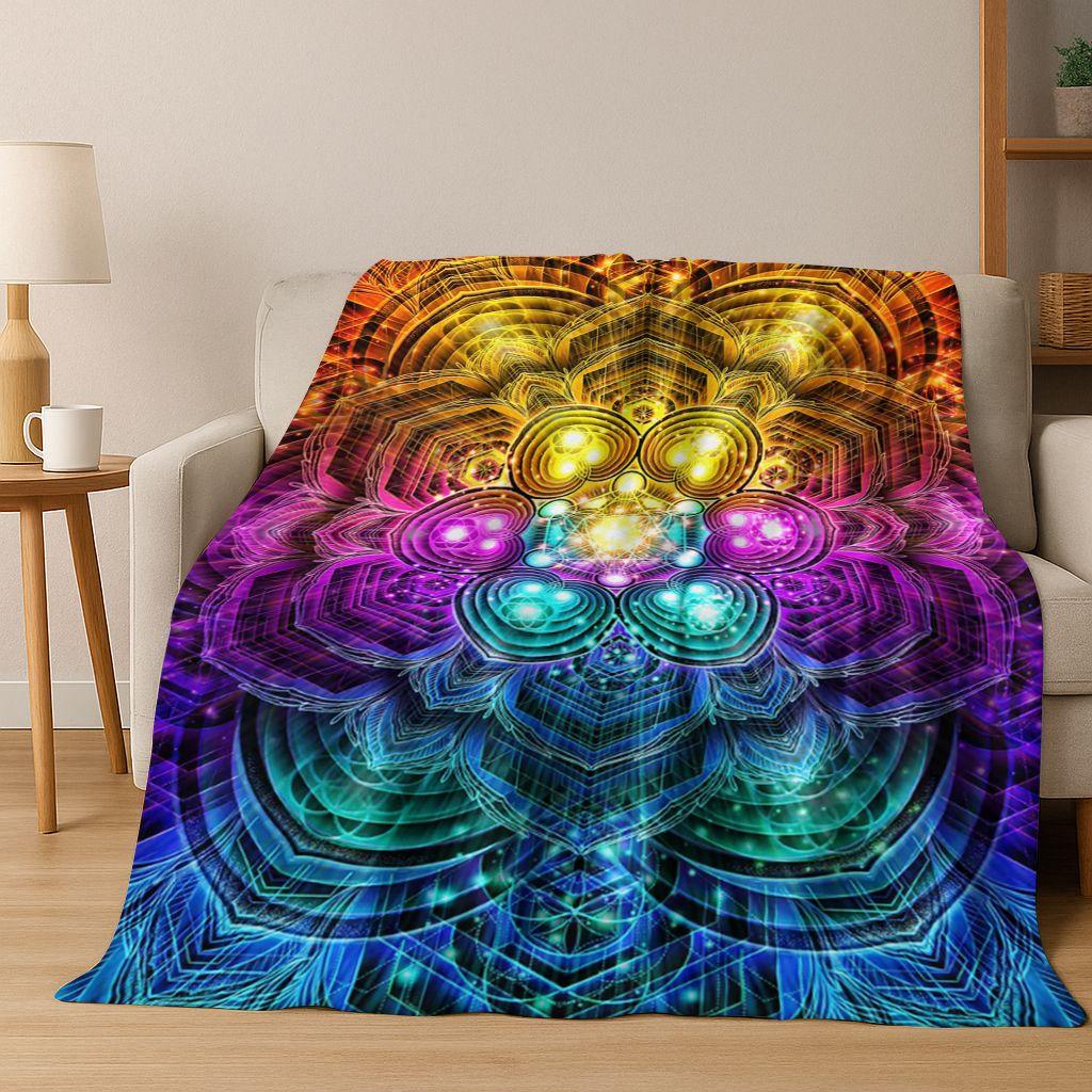 Regenbogen Mandala Blume Chakren Yoga Bohemia Kunst Flanell Decke, Gemütliche Weiche Überwurfdecke für Zuhause Schlafzimmer Bett Sofa Abdeckung Kinder Geschenk