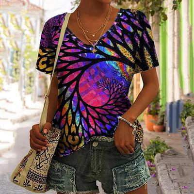T-shirt Vintage da Donna Stampa Lussuosa Blusa Oversize Abbigliamento di Tendenza da Donna Moda Camicia a Maniche Corte da Donna Scollo a V
