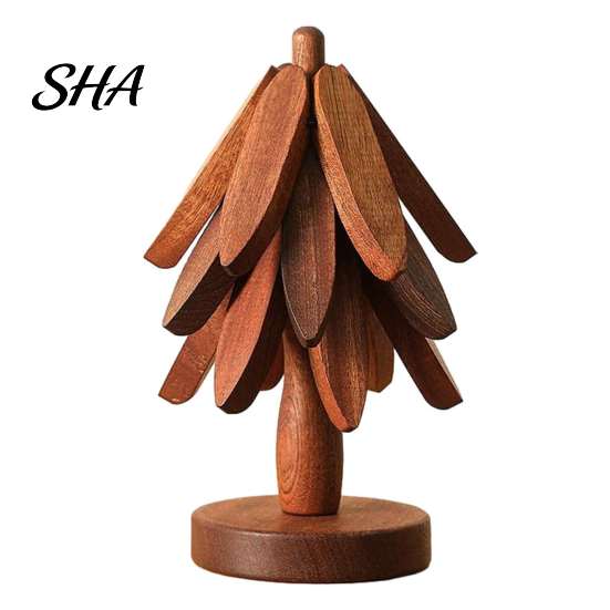 Natural Pine Wood Hot Pad Collapsible Wooden Trivets for Dishes, Christmas Tree Shaped Pot Mat Table, Heat Compact Storage Trivet Set Resistant Holder