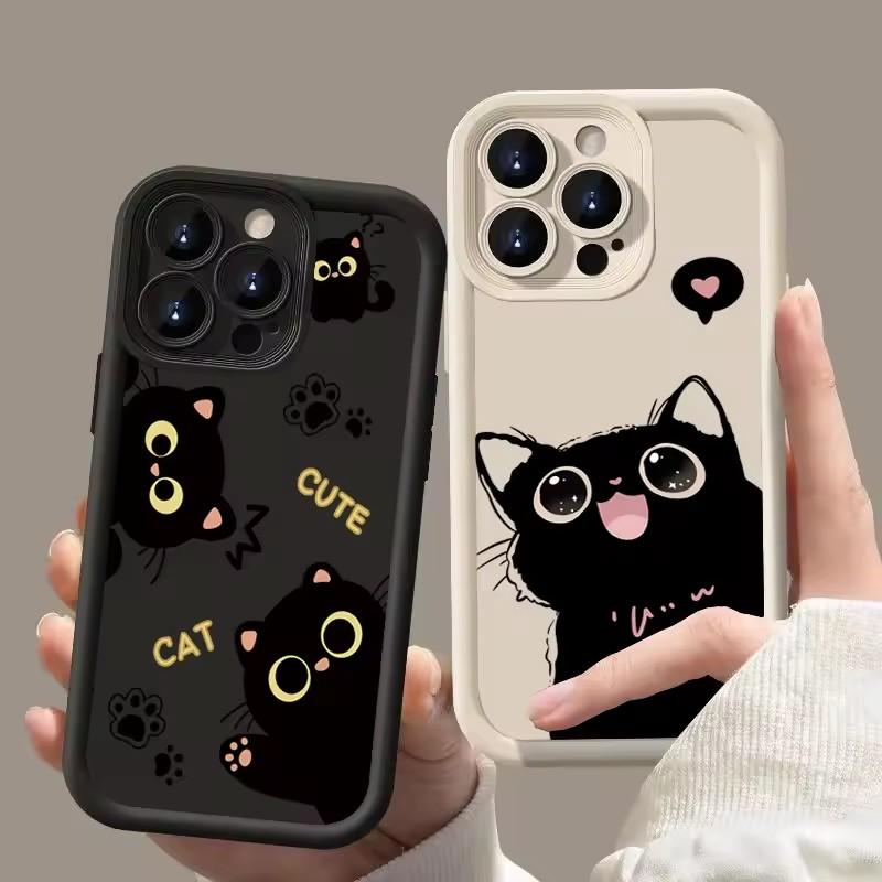 Lovely Black Cat Silicone Case For iPhone 16 15 13 12 11 14 Pro Max Plus 16E 16 Plus SE2 8 7 Plus X XS XR Shockproof Back Covers