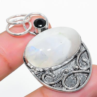 Natural Rainbow Moonstone, Spinel 925 Sterling Silver Gift Pendant 1.97" k9Y98
