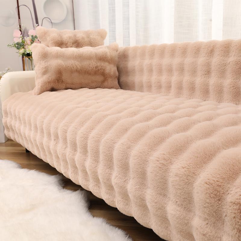 Luxury Winter Rabbit Plush Non-slip Leather Sofa Cushion & Cover