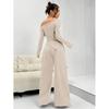 Elegant One-Shoulder Solid Color Two-Piece Set with Irregular Long Sleeve & Wide-Leg Pants for Women
