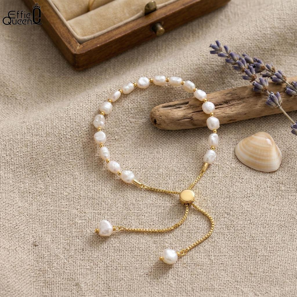 EFFIE QUEEN 925 Sterling Silver Natural Baroque Pearl Bracelet 14K Gold Adjustable Chain Link Bracelets for Women Jewelry GPB09