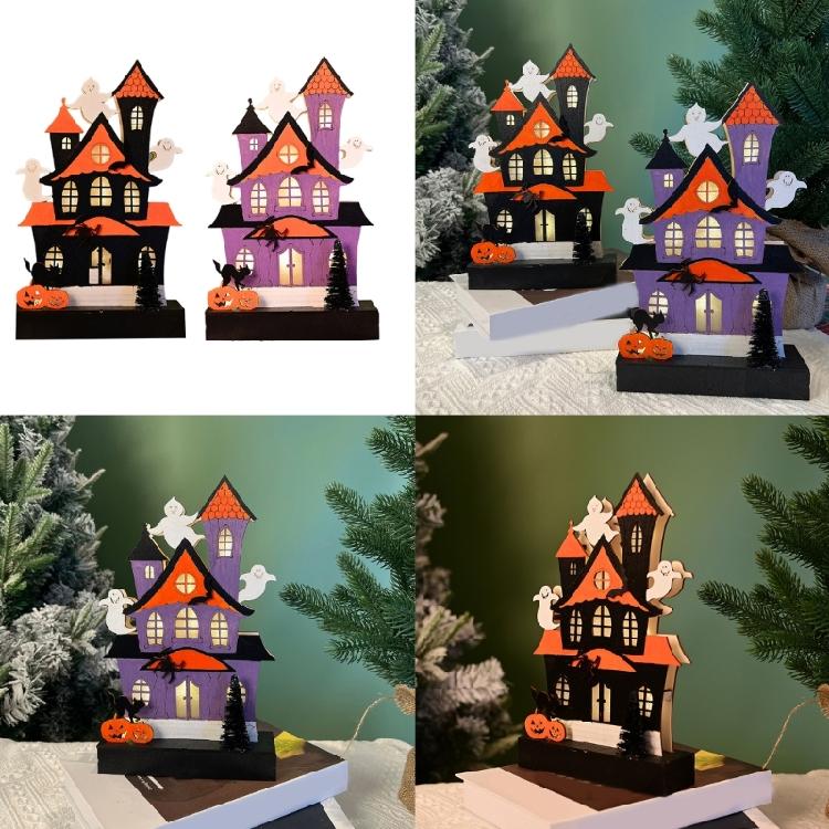 Halloween Party Wood Sign LED Lighted Ghostly Haunted Houses Decors Pumpkin Ornament with Realistic Detail Table Decors
