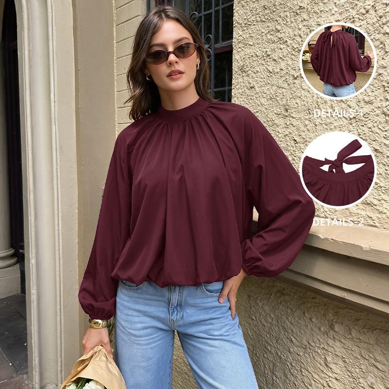 Womens Loose Long Sleeve Blouse With Back Tie Cutout Detail Semi-High Neck Winter 2026