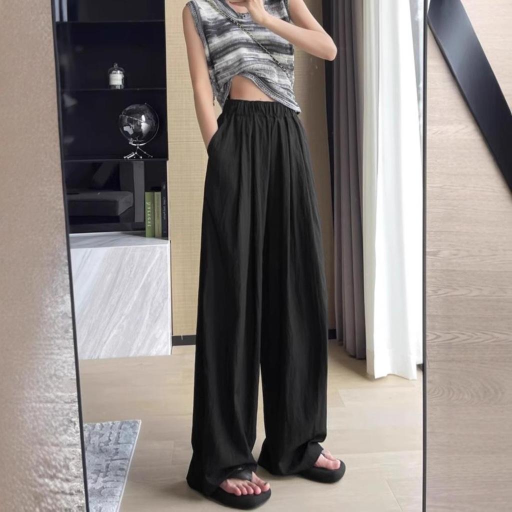 Women’s Summer Apricot Textured Ice Silk High-Waist Wide-Leg Pants