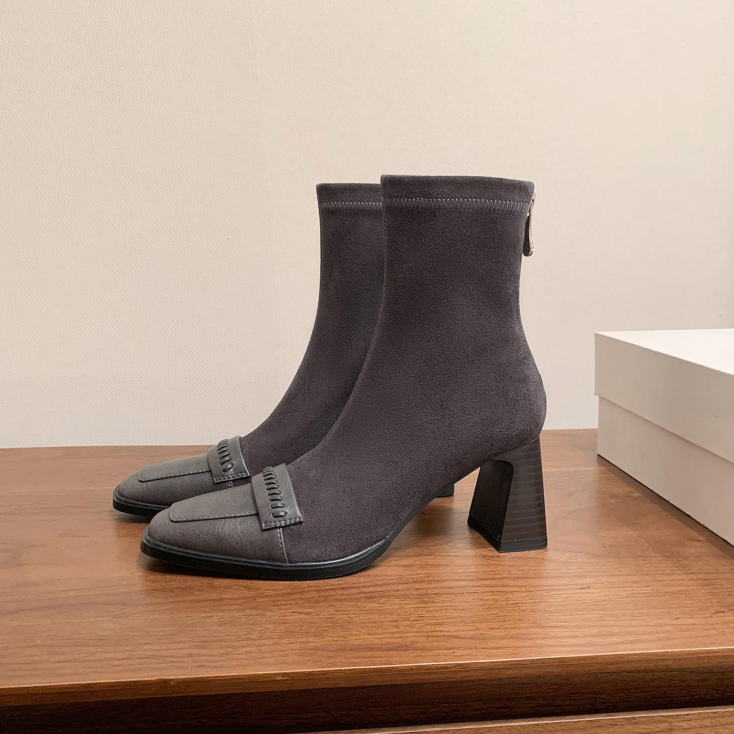 

7 см Корейская версия модный простой темперамент маленькие короткие ботинки 2025 осень и зима новый квадратный носок толстый каблук задняя молния тонкие ботинки женские 40