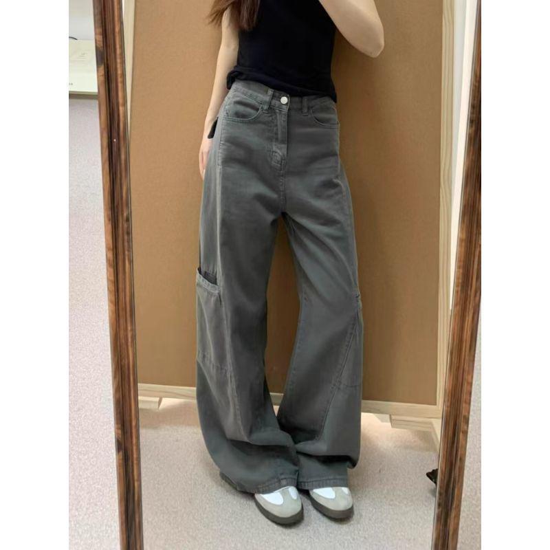 American Style Cement Gray High Waist Wide Leg Denim Jeans for Women - Plus Size Slimming Loose Fit (Autumn 2025)