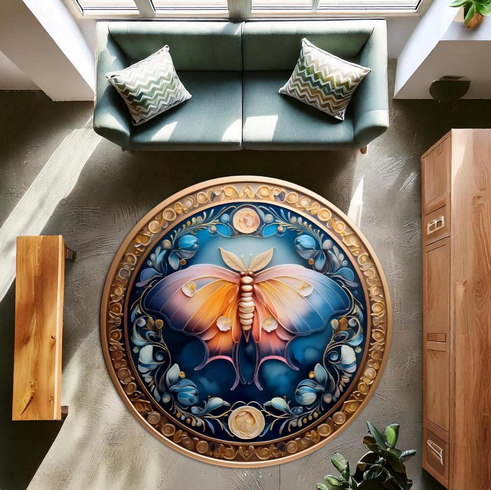 

Round Moth Butterfly Theme Area Rug Exquisite Floral Pattern Mat Non Slip Stylish Elegant For Living Room Bedroom Home Decor 40x40cm