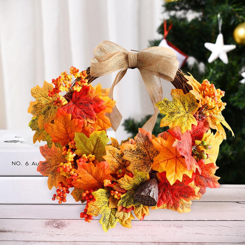 1 Pc 45cm Autumn Home Decor Wreath, Harvest Festival Decor Front Door Wreath, Maple Leaves Garland