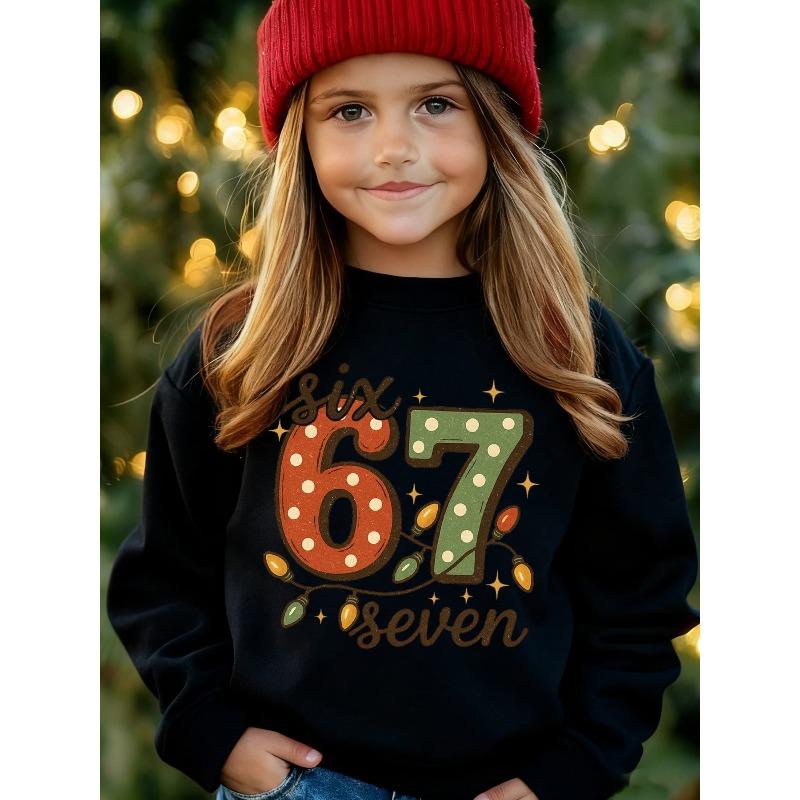 Unisex Kids Black Crewneck Sweatshirt For 4-12 Boys Girls Vintage Polka Dot Number 67 Six Seven Christmas Light Star Print Fleece Long Sleeve Pullover
