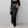Women's Temperament Fashion PU Leather Solid Color Splicing Design Sense High Waist Slit Slim Long Skirt