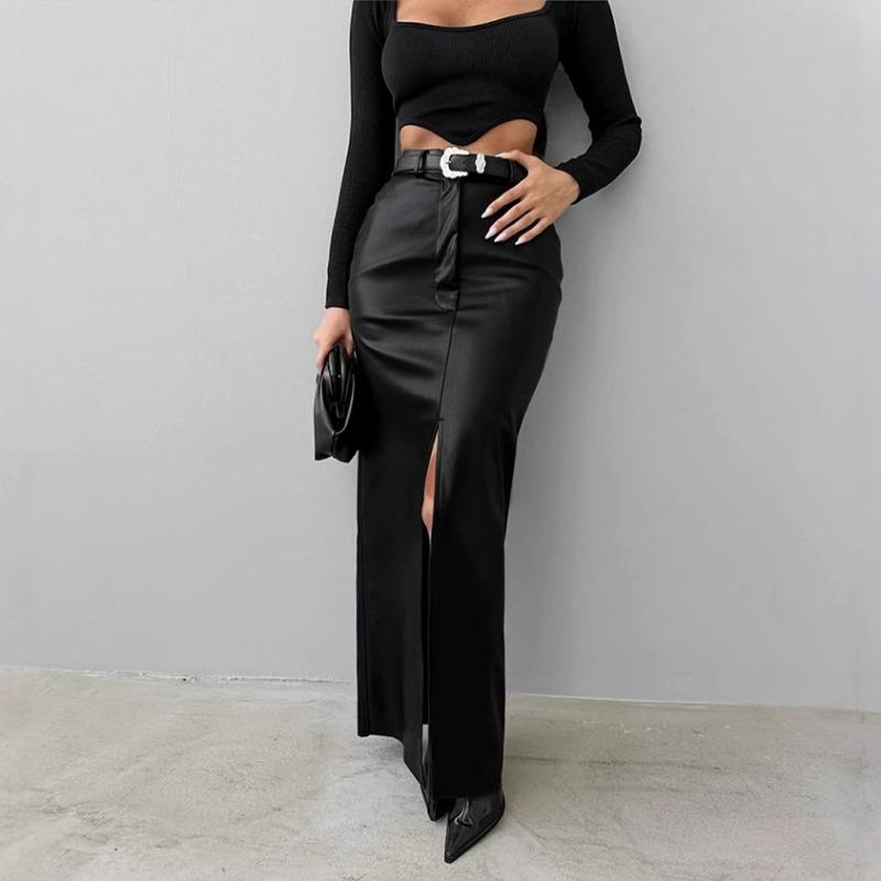 Women's Temperament Fashion PU Leather Solid Color Splicing Design Sense High Waist Slit Slim Long Skirt