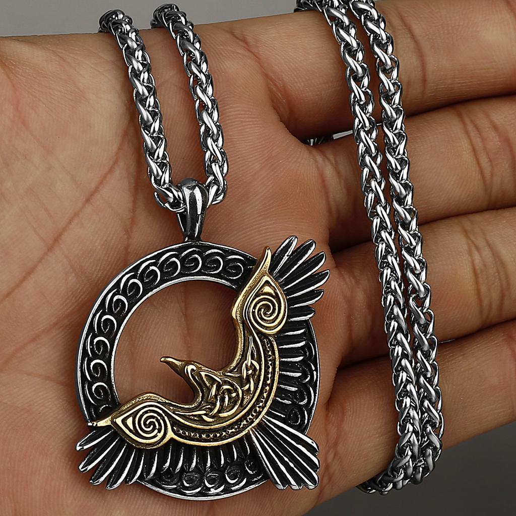 Viking Triangle Odin Raven Huginn and Muninn Necklace Amulet Stainless Steel Pendant Men‘s Fashion Jewelry Gift