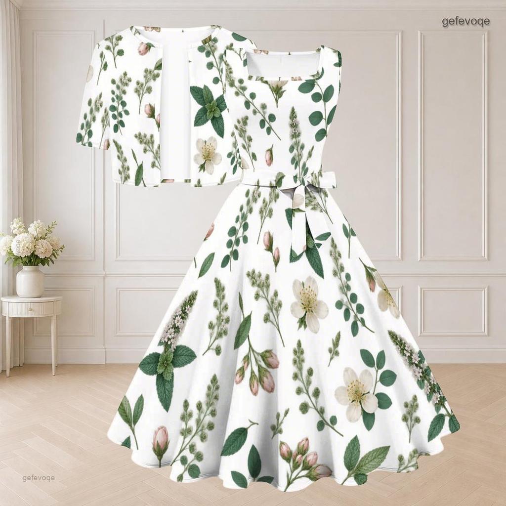 Women Plus Size White Floral Printed Two Piece Set Square Neck Sleeveless Tie Waist Flared Dress Short Sleeve Cropped Shrug