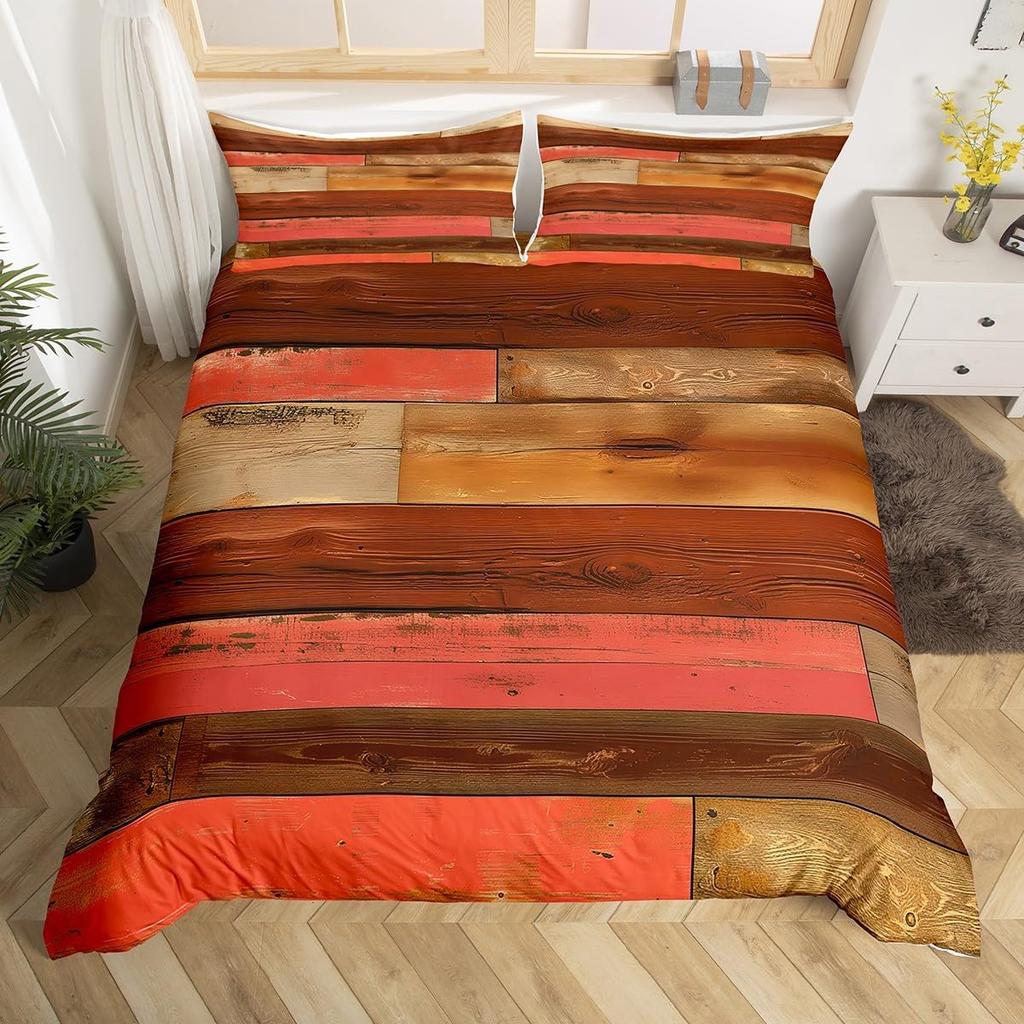 Geometric Bedding Set,Patchwork Plaid Duvet Cover Twin King for Teens Adults,Retro Vintage Comforter Cover,Wooden Plank Bed Set