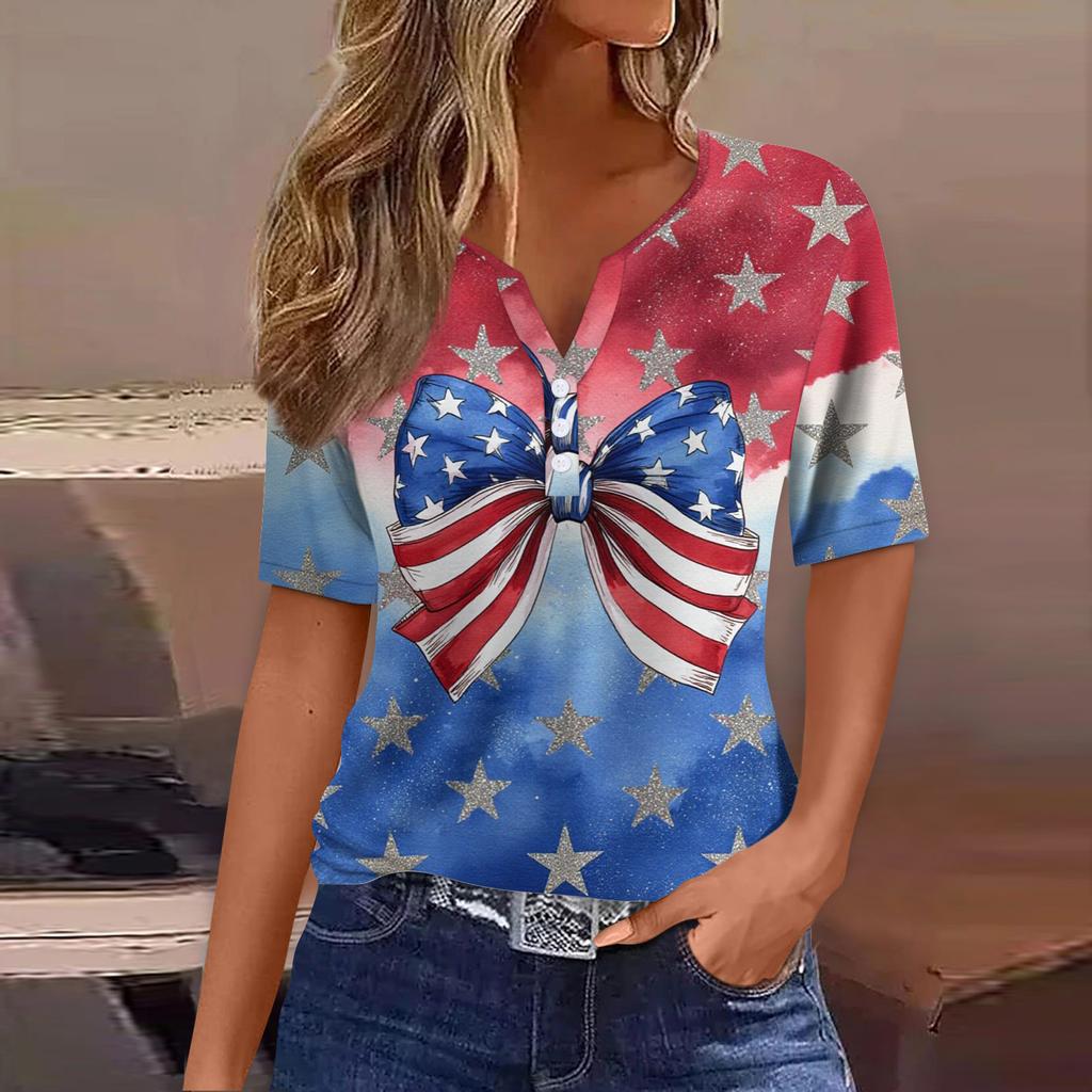 Women's T Shirt Tee Print Button Short Sleeve Daily Weekend Fashion Basic V- Neck Regular Top