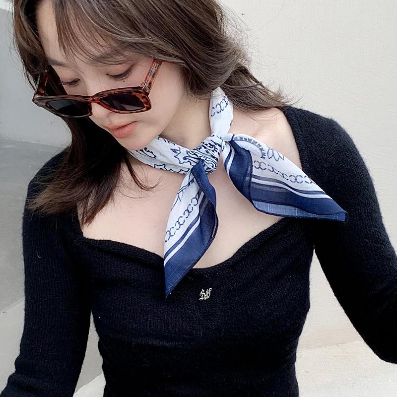 1116 printed small square scarf cotton and linen silk scarf women's spring and autumn summer headscarf decorative headband Korean version thin vers