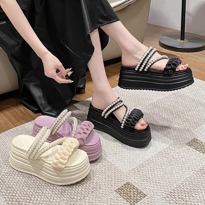 Mode 9CM Sommer Casual High Platform Sandalen Damen Schnallenriemen Pantoletten Dicke Sohle Perle Sandalen Frau Klobige Strandschuhe Mujer