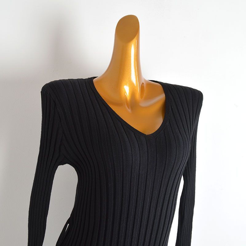 French Style New Arrival Solid Color and V-neck Sunken Stripe Long Sleeves Knitting Dress Women's Clothing Fall/Winter Slim Slim Looking Base Dress