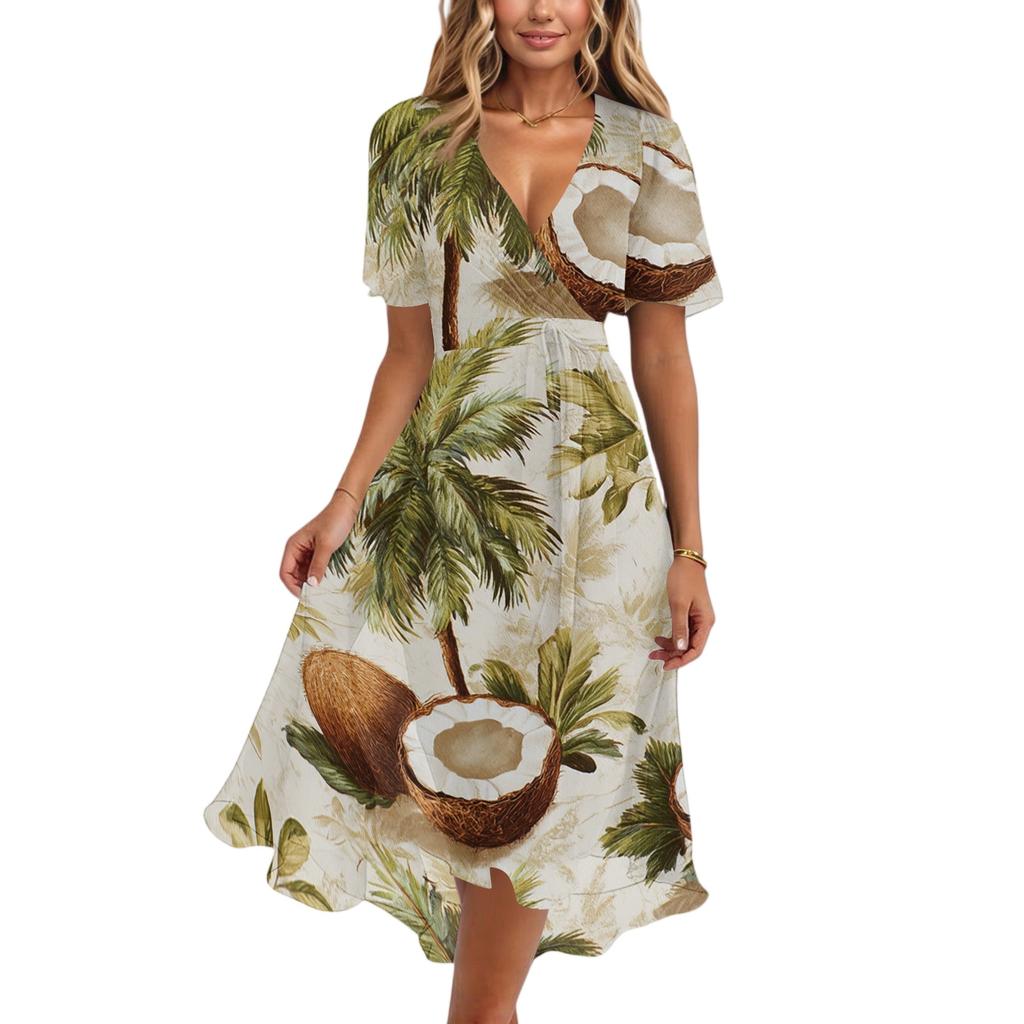 Women's Casual V Neck Short Sleeve Hawaiian Print Dress Summer Beach Midi Dress with Relaxed Fit and Lightweight Fabric for Daily Wear