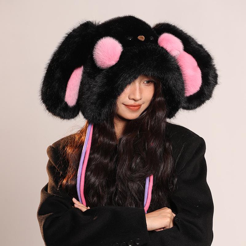 Looping Ears Rabbit Hat for Women with Furry Pullover Hat Showing Face Small Ear Protection Bag Head Hat Thickened Lei Feng Hat Trendy
