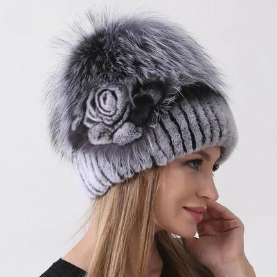 Natürliche flauschige Fuchs-Kaninchenfellmützen für Damen Winter Strick Floral Gestreift Elastisch Stilvoll Mode Warm Dick Outdoor Skull Beanie