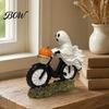 Artistic Resin Ghost Craft Halloween Riding Motorcycle Figurine, Novelty Rider Creative Desk Accessory Statue with Pumpkin for Indoor Home Tabletop