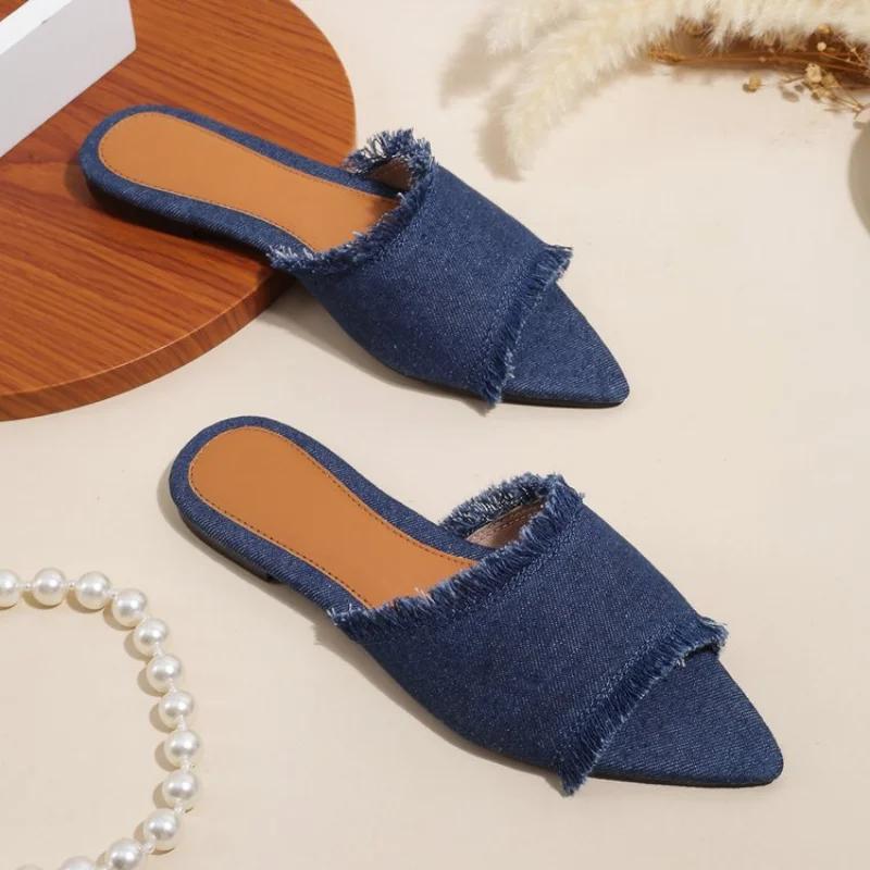 Fashion Women Flats Cowboy Slippers Fashion Beach Dress Shoes  Summer Femme Pointed Toe Flip Flops New Casual Slides Zapatos Mujer